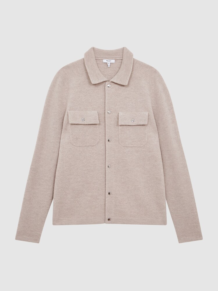 Reiss Oatmeal Tumble Wool Press Stud Knitted Over Shirt - Image 2 of 5