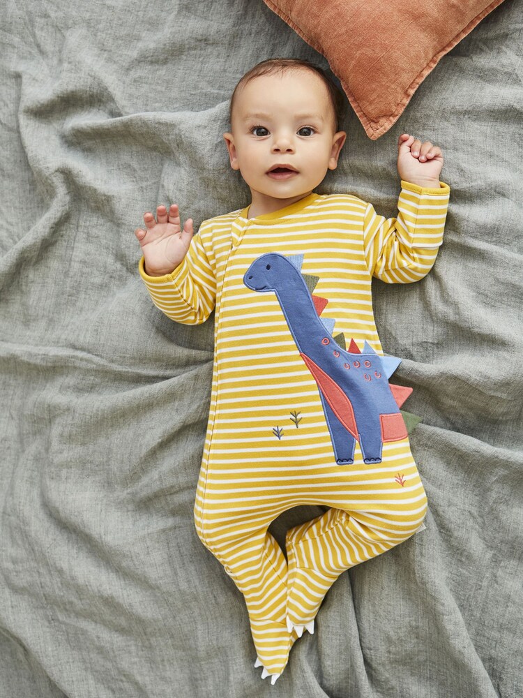 JoJo Maman Bébé Mustard Dinosaur Appliqué Zip Sleepsuit - Image 1 of 5