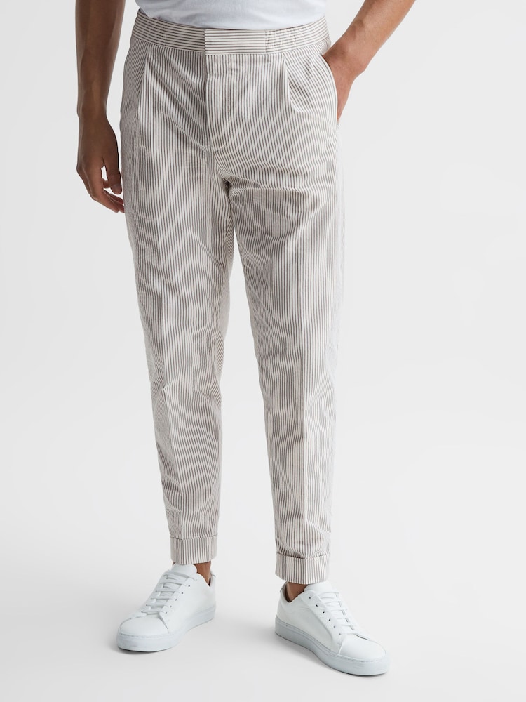 Reiss Taupe/White Stall Seersucker Relaxed Fit Trousers - Image 1 of 6