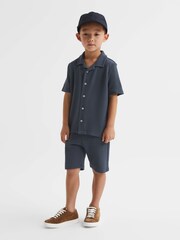 Reiss Airforce Blue Westley Junior Cuban Collar Ribbed Shirt - Image 1 of 7