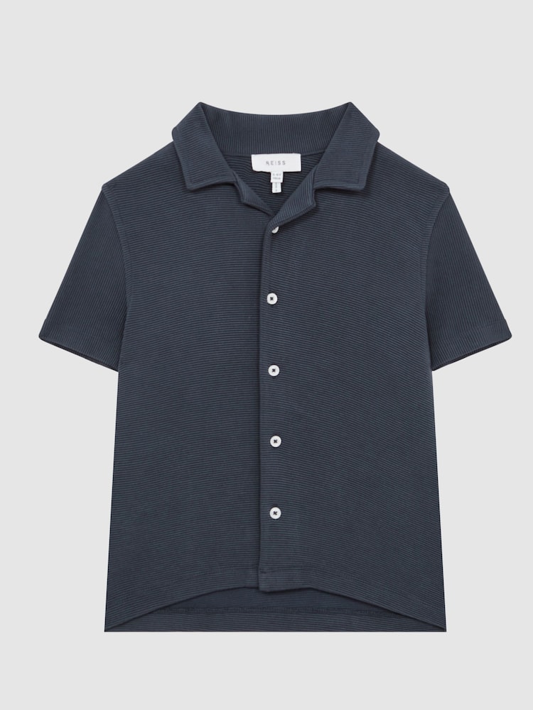 Reiss Airforce Blue Westley Junior Cuban Collar Ribbed Shirt - Image 2 of 7
