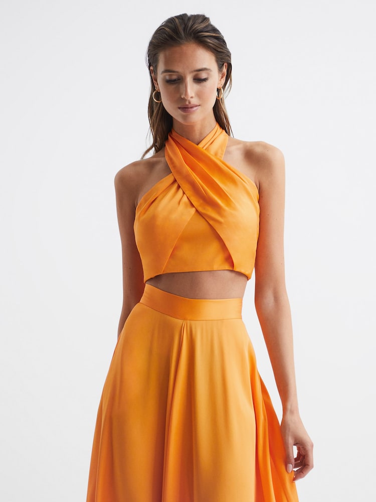 Reiss Orange Ruby Cropped Halter Occasion Top - Image 1 of 6