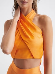 Reiss Orange Ruby Cropped Halter Occasion Top - Image 5 of 6