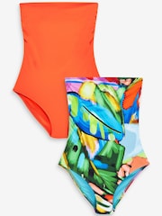 Orange/Print Bandeau Swimsuits 2 Pack - Image 1 of 9