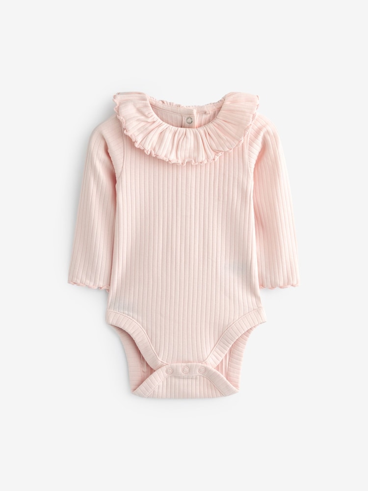 Pink/White Long Sleeved Frill Collar Bodysuits 2 Pack - Image 3 of 5