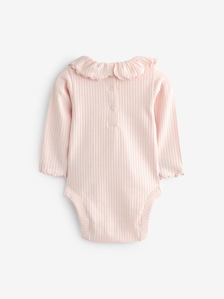 Pink/White Long Sleeved Frill Collar Bodysuits 2 Pack - Image 4 of 5