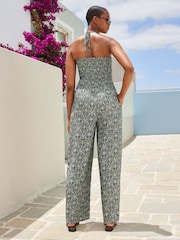 Khaki Woodblock Shirred Bandeau Jumpsuit - Image 3 of 6