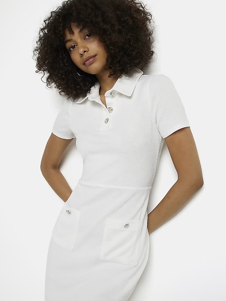 River Island White Short Sleeve Button Front Boucle Shift Dress - Image 1 of 4 River Island White Short Sleeve Button Front Boucle Shift Dress - Image 1 of 4