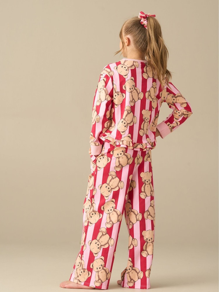 Angel & Rocket Pink Theodora Teddy Print Stripe Pyjamas - Image 2 of 6