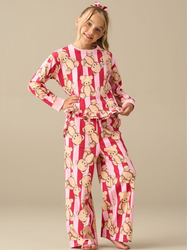 Angel & Rocket Pink Theodora Teddy Print Stripe Pyjamas - Image 6 of 6