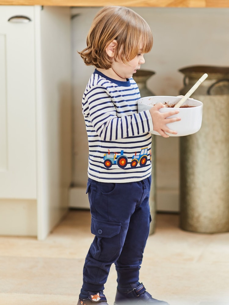 JoJo Maman Bébé Ecru Navy Stripe Tractor Appliqué Border Top - Image 1 of 3