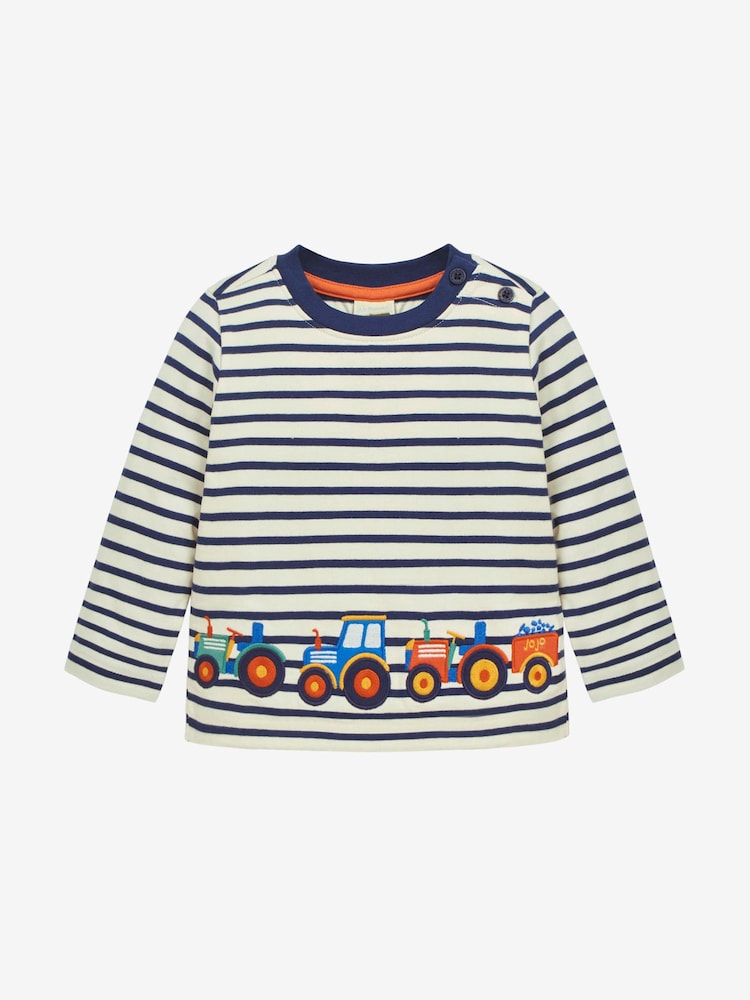 JoJo Maman Bébé Ecru Navy Stripe Tractor Appliqué Border Top - Image 2 of 3