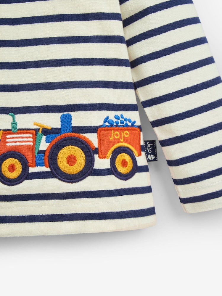 JoJo Maman Bébé Ecru Navy Stripe Tractor Appliqué Border Top - Image 3 of 3