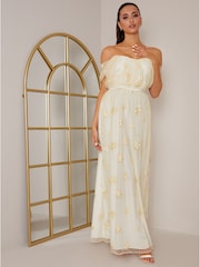 Chi Chi London Cream Bardot Embroidered Floral Dobby Lace Maxi Dress - Image 1 of 5