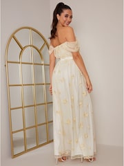 Chi Chi London Cream Bardot Embroidered Floral Dobby Lace Maxi Dress - Image 2 of 5