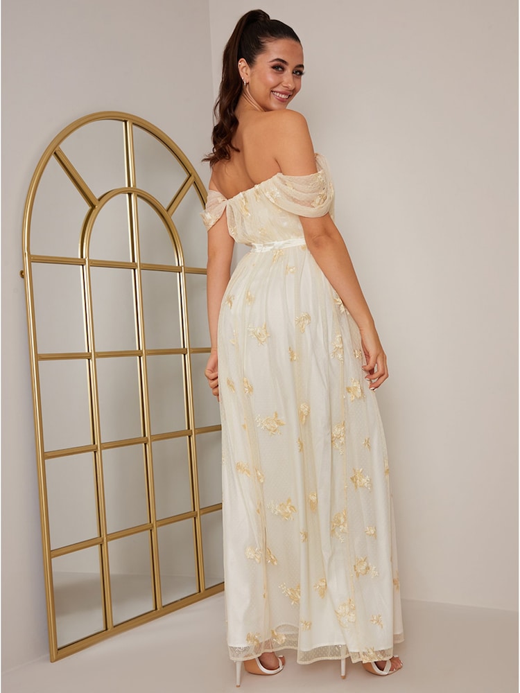 Chi Chi London Cream Bardot Embroidered Floral Dobby Lace Maxi Dress - Image 2 of 5