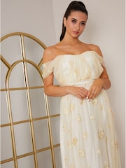 Chi Chi London Cream Bardot Embroidered Floral Dobby Lace Maxi Dress - Image 3 of 5