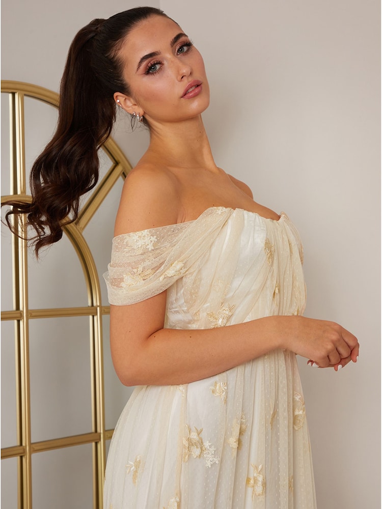 Chi Chi London Cream Bardot Embroidered Floral Dobby Lace Maxi Dress - Image 5 of 5