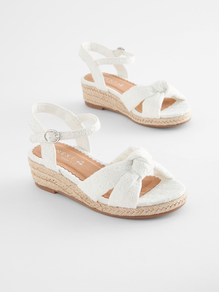 White Wide Fit (G) Knot Detail Ankle Strap Wedge Sandals - Image 1 of 4