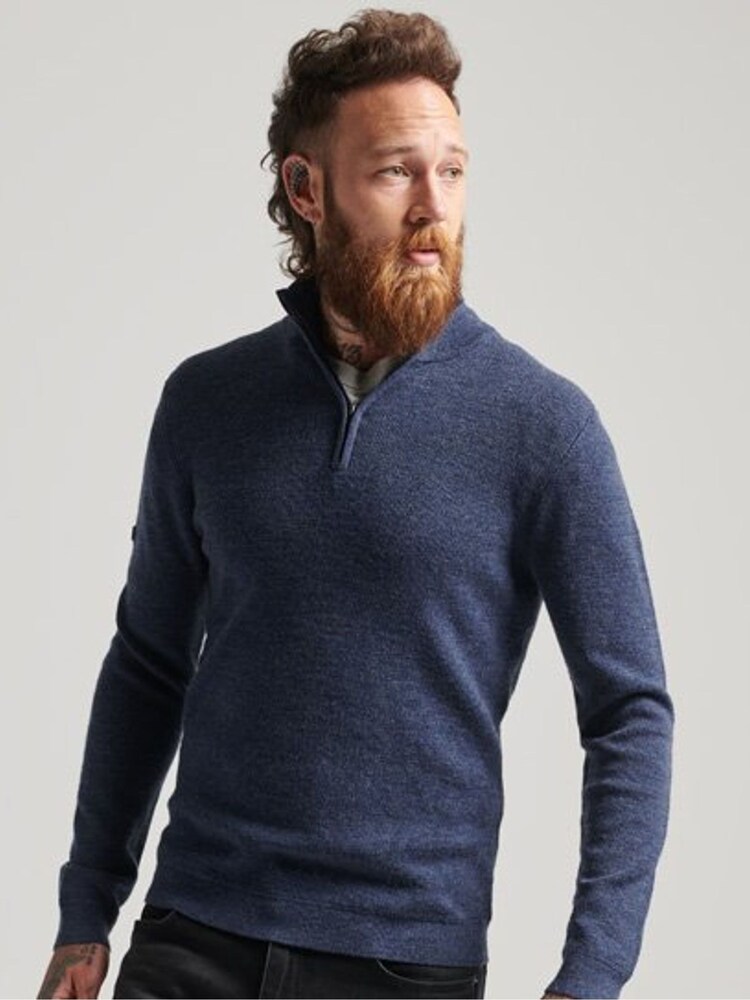 Superdry Blue Merino Quarter Zip Jumper - Image 1 of 5