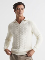 Reiss Ecru Cumberland Cable Knit Open Collar Jumper - Image 1 of 7