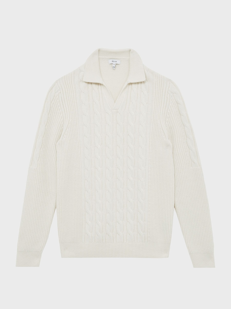 Reiss Ecru Cumberland Cable Knit Open Collar Jumper - Image 2 of 7