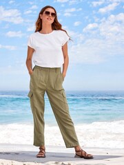 Khaki Green Linen Blend Cargo Taper Trousers - Image 1 of 5