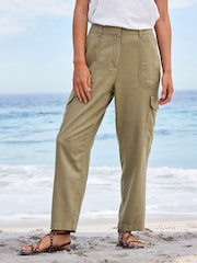 Khaki Green Linen Blend Cargo Taper Trousers - Image 2 of 5