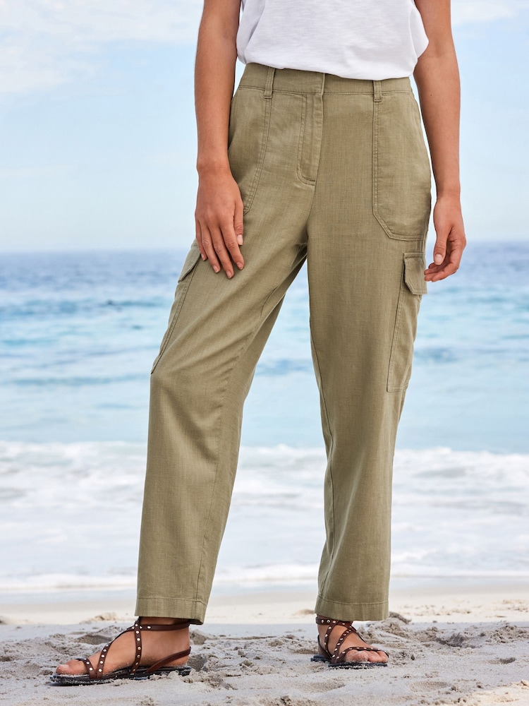 Khaki Green Linen Blend Cargo Taper Trousers - Image 2 of 5