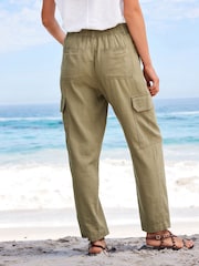 Khaki Green Linen Blend Cargo Taper Trousers - Image 3 of 5