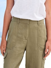Khaki Green Linen Blend Cargo Taper Trousers - Image 4 of 5