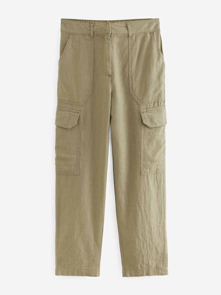 Khaki Green Linen Blend Cargo Taper Trousers - Image 5 of 5