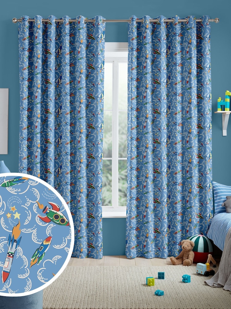 Cath Kidston Mid Blue Kids Rocket Made To Measure 100% Cotton Curtains - Image 1 of 8