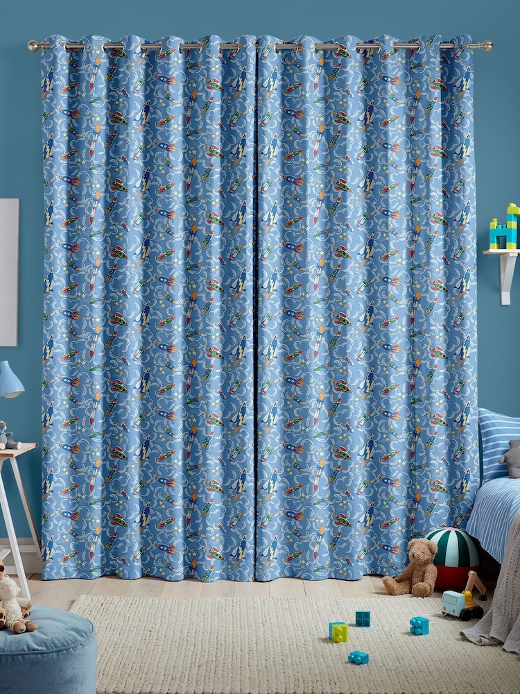 Cath Kidston Mid Blue Kids Rocket Made To Measure 100% Cotton Curtains - Image 2 of 8