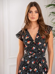 Pour Moi Black Ditsy Julie Slinky Recycled Jersey Lace Trim Midi Dress - Image 3 of 5