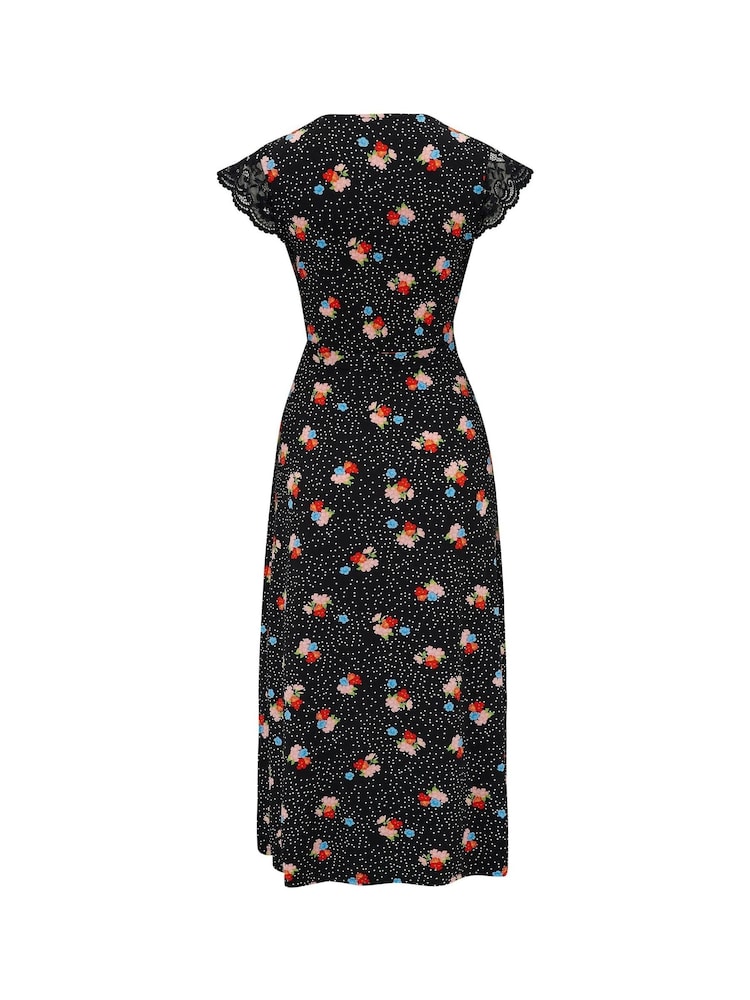 Pour Moi Black Ditsy Julie Slinky Recycled Jersey Lace Trim Midi Dress - Image 5 of 5