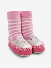JoJo Maman Bébé Pink Mouse Moccasin Slipper Socks - Image 1 of 2