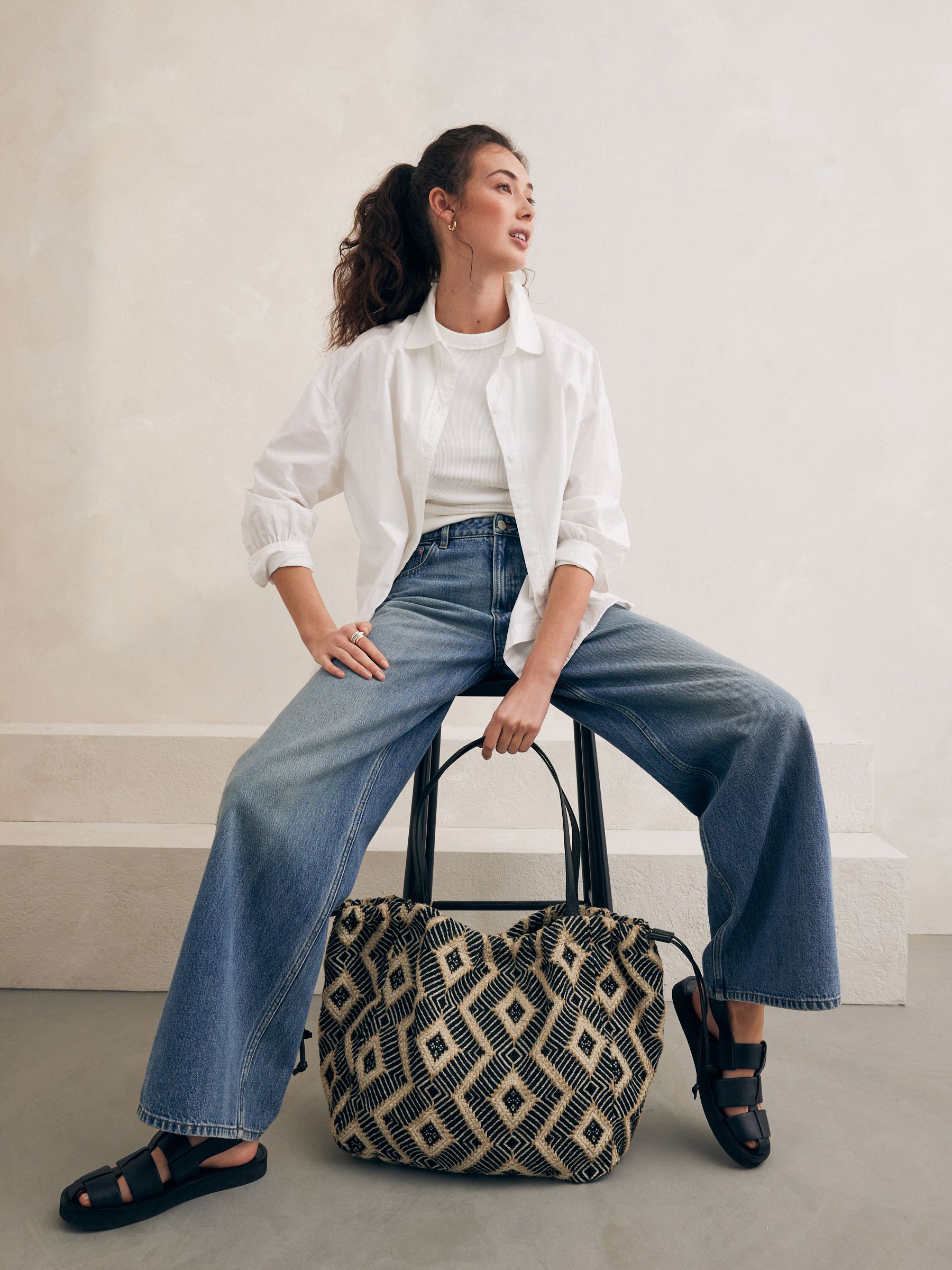Buy Black White Monochrome Jacquard Beach Bag from Next Luxembourg