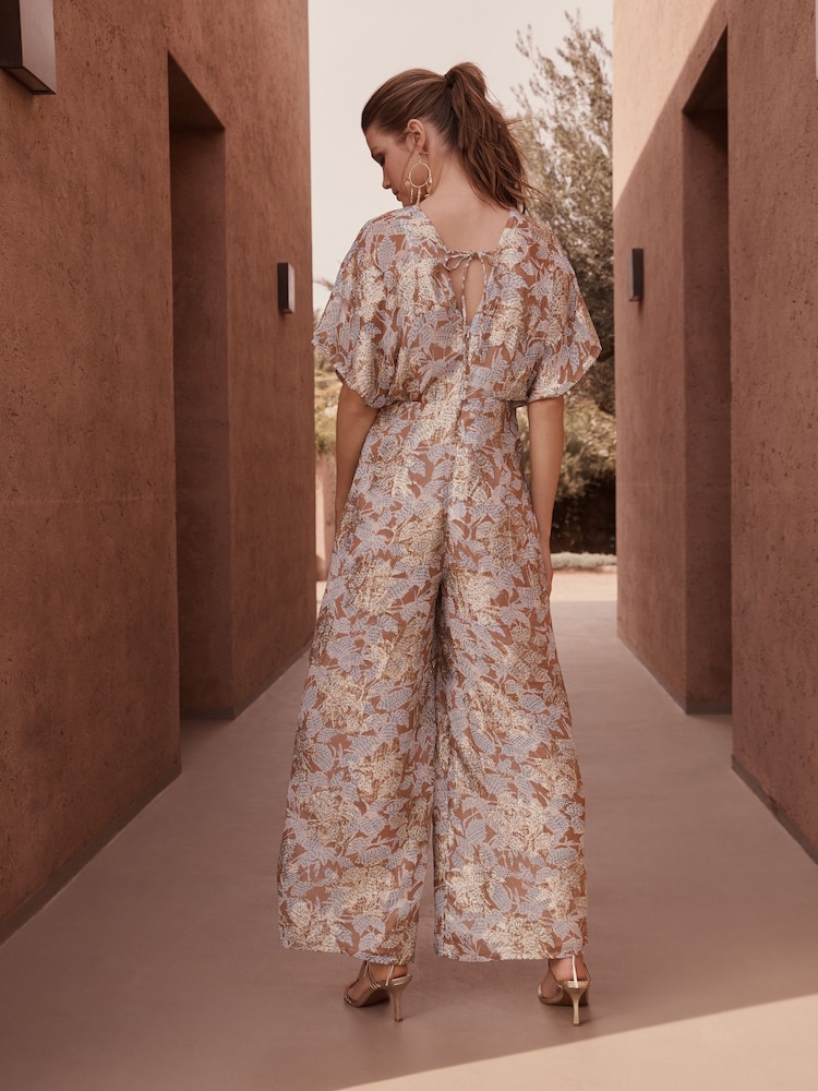 Brown/Gold Sparkle Batwing Wide Leg Jumpsuit - Image 3 of 5