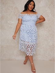 Chi Chi London Blue Plus Size Bardot Lace Midi Dress - Image 1 of 4