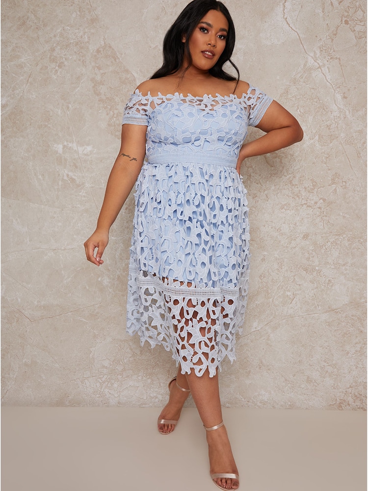 Chi Chi London Blue Plus Size Bardot Lace Midi Dress - Image 1 of 4