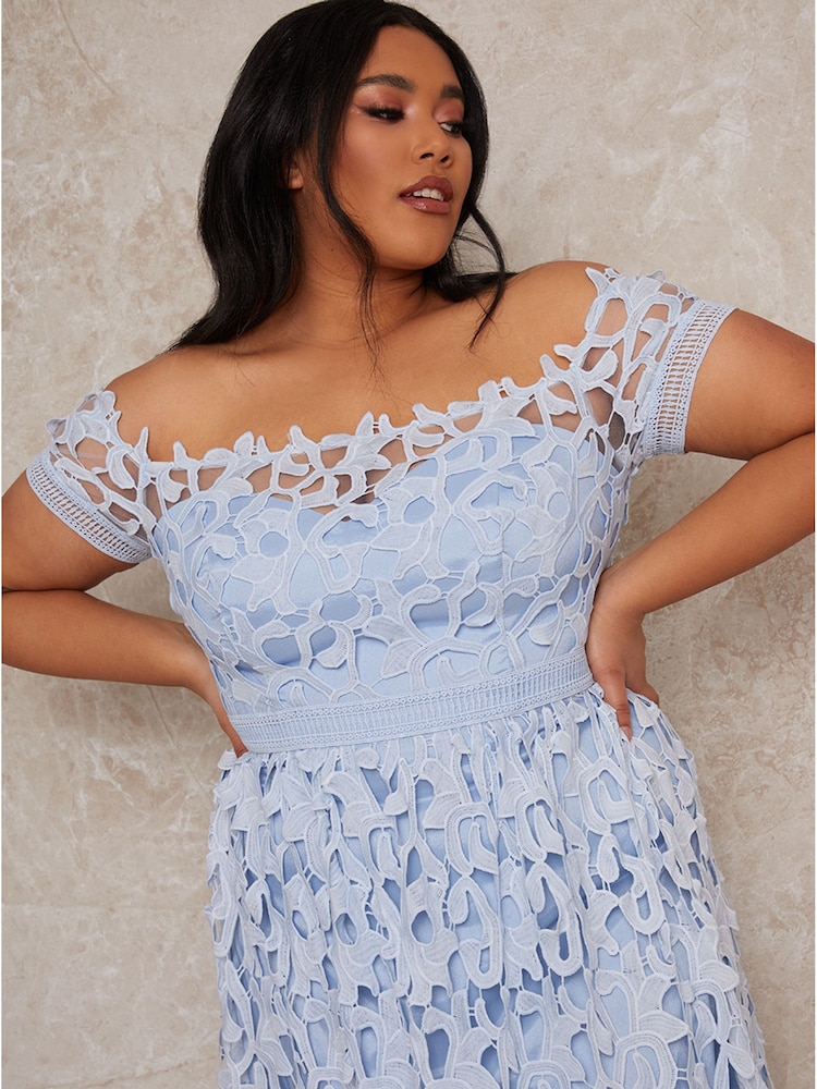 Chi Chi London Blue Plus Size Bardot Lace Midi Dress - Image 4 of 4