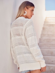 Ecru Cream 100% Cotton Stitch Detail Cardigan - Image 3 of 6