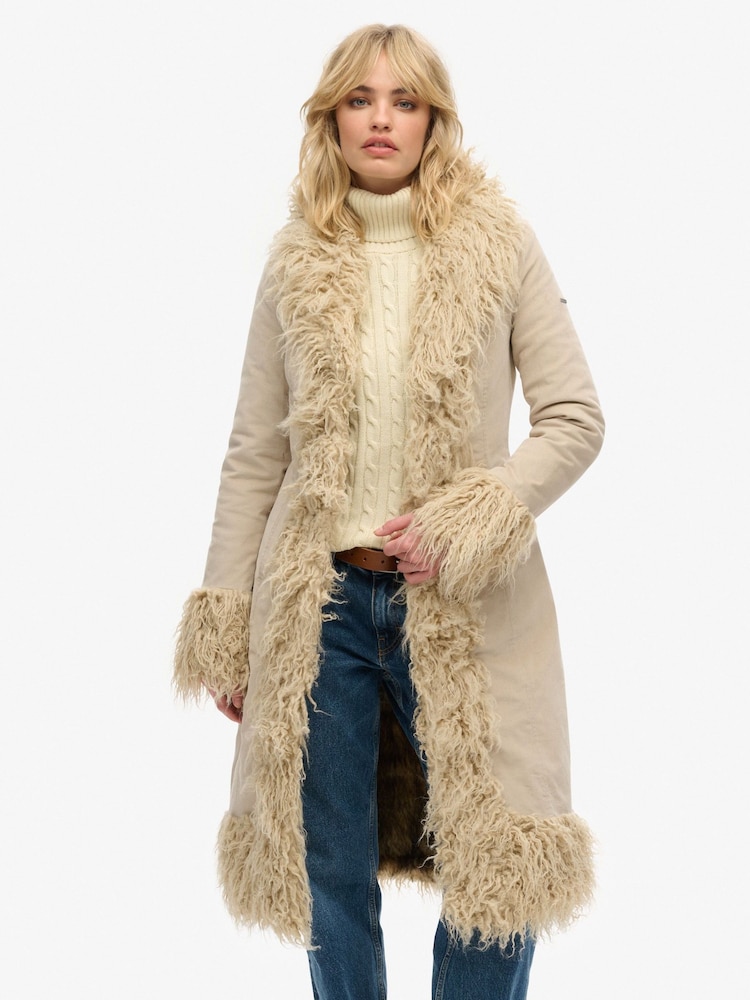 Superdry Cream Faux Fur Lined Longline Afghan Coat - Image 1 of 8