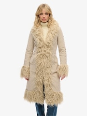 Superdry Cream Faux Fur Lined Longline Afghan Coat - Image 2 of 8