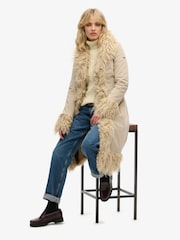 Superdry Cream Faux Fur Lined Longline Afghan Coat - Image 3 of 8