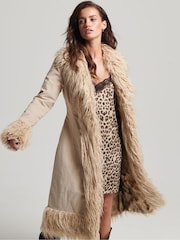 Superdry Cream Faux Fur Lined Longline Afghan Coat - Image 4 of 8