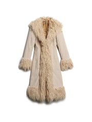 Superdry Cream Faux Fur Lined Longline Afghan Coat - Image 5 of 8