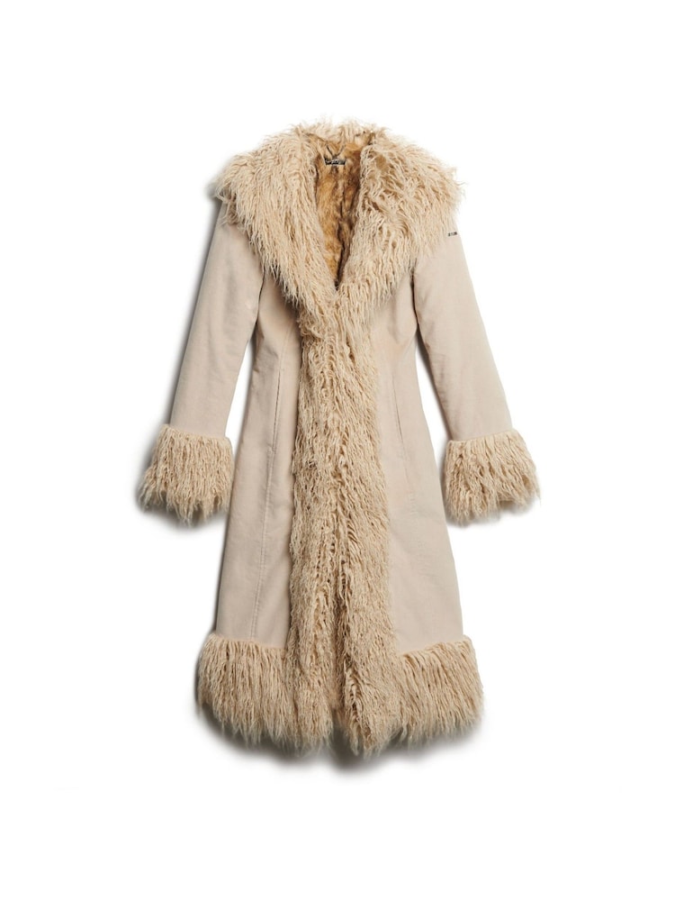 Superdry Cream Faux Fur Lined Longline Afghan Coat - Image 5 of 8