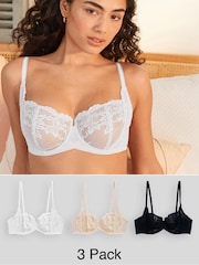 Black/White/Praline Nude Non Pad Balcony Lace Bras 3 Pack A-E - Image 1 of 5